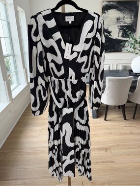 Milly Liora Ink Swirl Pleated Midi Dress Black White Size 2 NWT